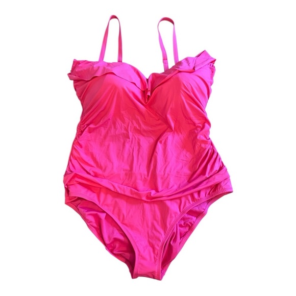 Bleu by Rod Beattie Shirred Ruffle Bandeau One-Piece Swimsuit in Rose Red NWT - Picture 2 of 5